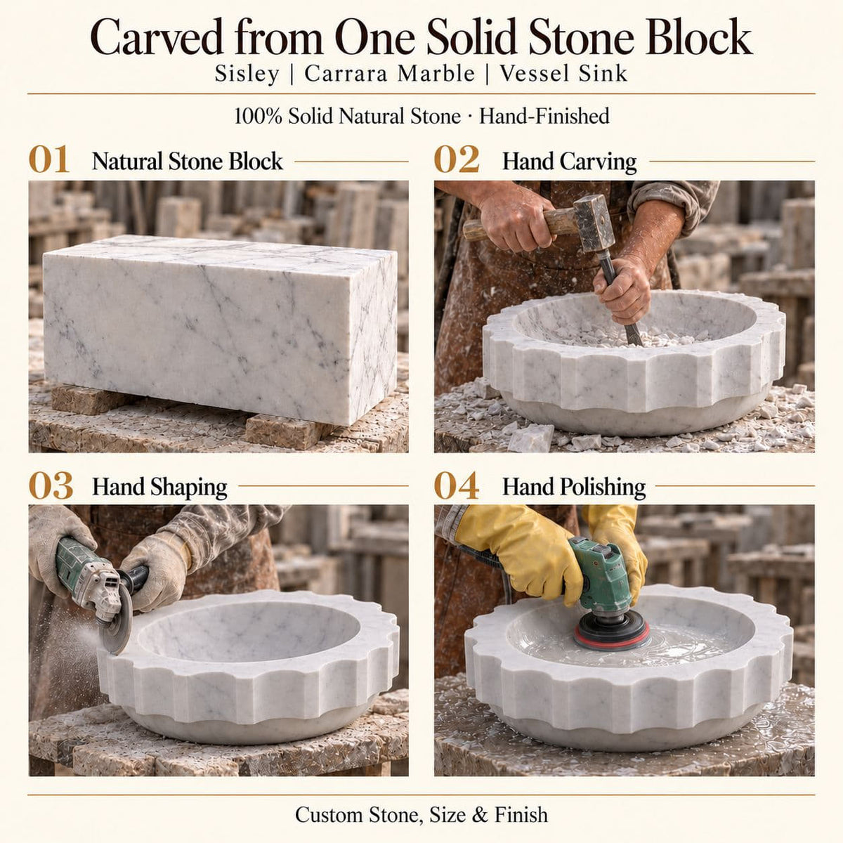 Sisley Carrara Marble Vessel Sink carved from one solid stone block, showing manual hammer-and-chisel carving, hand shaping and hand polishing; custom stone, size and finish.