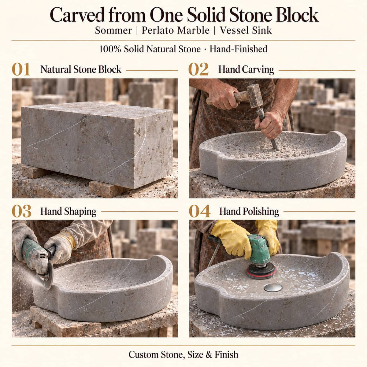 Sommer Perlato Marble Vessel Sink carved from one solid stone block, showing manual hammer-and-chisel carving, hand shaping and hand polishing; custom stone, size and finish.