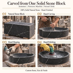 Sommer Portoro Marble Vessel Sink carved from one solid stone block, showing manual hammer-and-chisel carving, hand shaping and hand polishing; custom stone, size and finish.