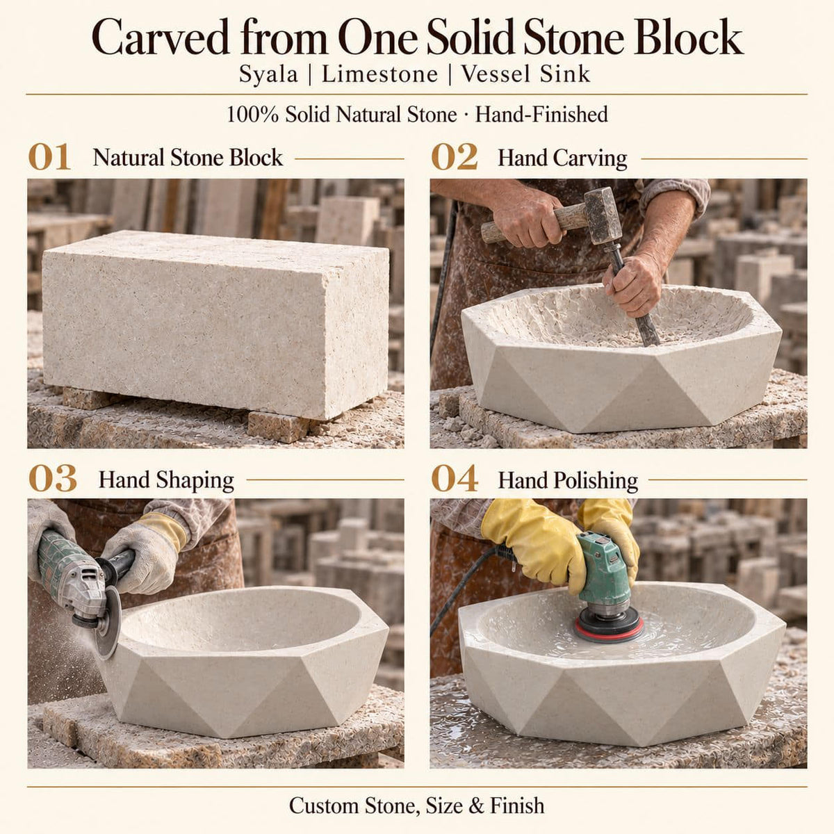 Syala Limestone Vessel Sink carved from one solid stone block, showing manual hammer-and-chisel carving, hand shaping and hand polishing; custom stone, size and finish.