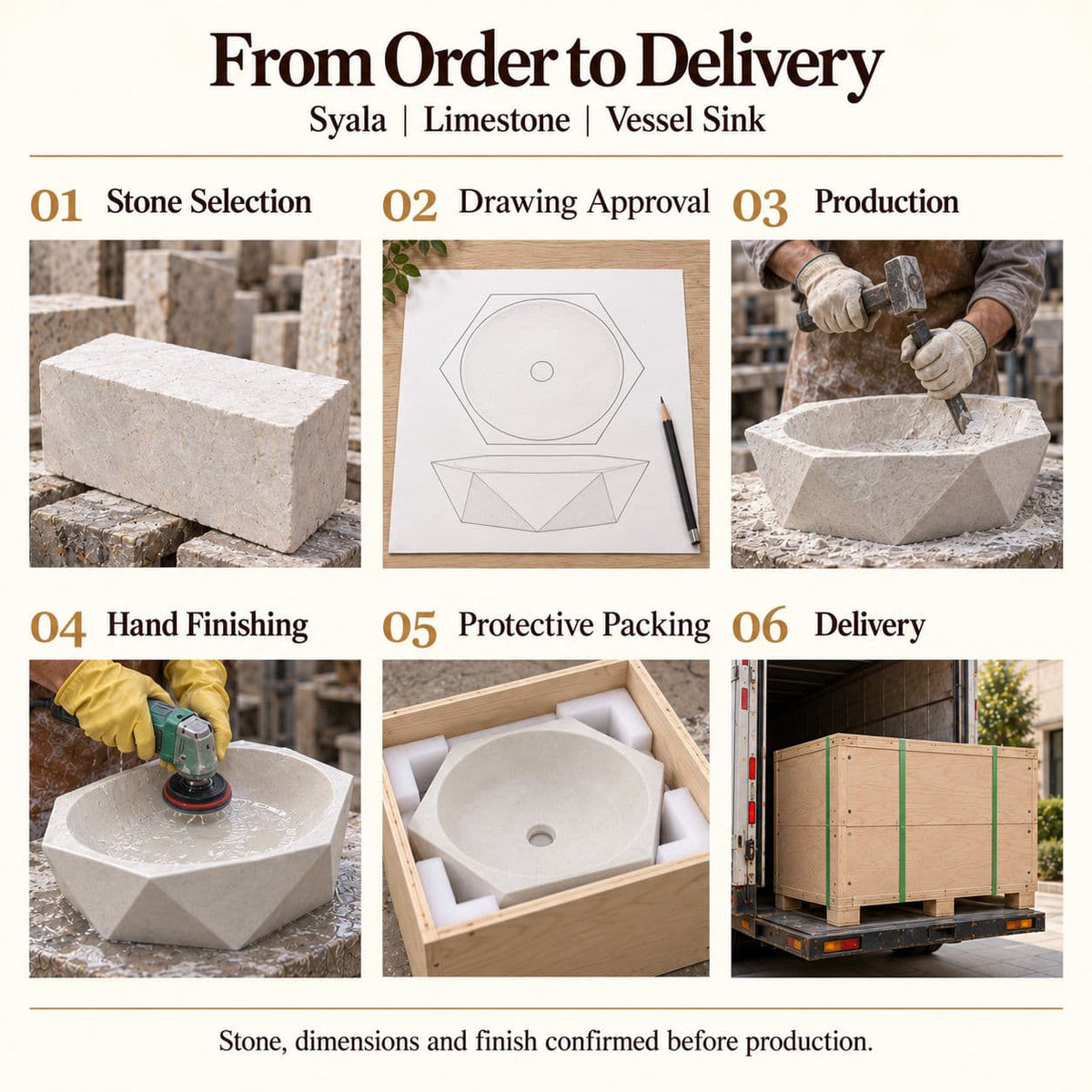 Syala Limestone Vessel Sink from order to delivery: material selection, drawing approval, production, hand finishing, protective foam packing in a plywood crate and delivery; specifications confirmed before production.