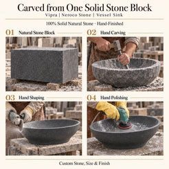 Vipra Neroco Stone Vessel Sink carved from one solid stone block, showing manual hammer-and-chisel carving, hand shaping and hand polishing; custom stone, size and finish.