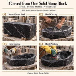 Sreya Portoro Marble Vessel Sink carved from one solid stone block, showing manual hammer-and-chisel carving, hand shaping and hand polishing; custom stone, size and finish.