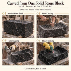 Srusti Portoro Marble Vessel Sink carved from one solid stone block, showing manual hammer-and-chisel carving, hand shaping and hand polishing; custom stone, size and finish.