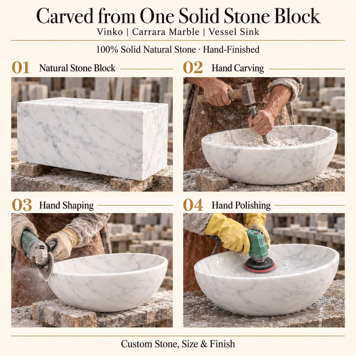 Vinko Carrara Marble Vessel Sink carved from one solid stone block, showing manual hammer-and-chisel carving, hand shaping and hand polishing; custom stone, size and finish.