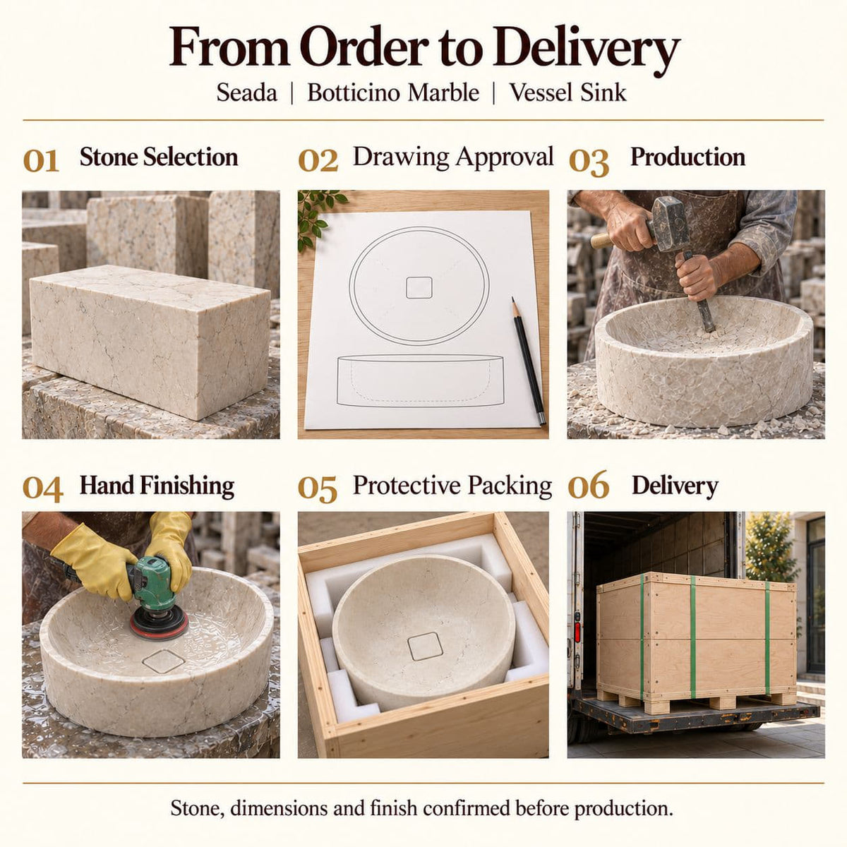 Seada Botticino Marble Vessel Sink from order to delivery: material selection, drawing approval, production, hand finishing, protective foam packing in a plywood crate and delivery; specifications confirmed before production.
