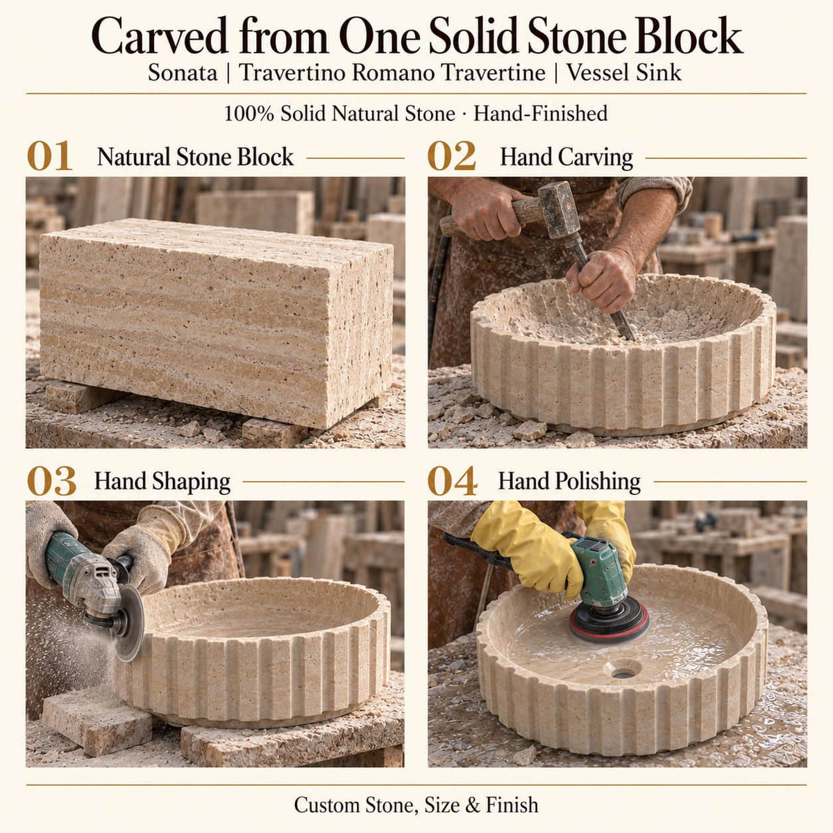 Sonata Travertino Romano Travertine Vessel Sink carved from one solid stone block, showing manual hammer-and-chisel carving, hand shaping and hand polishing; custom stone, size and finish.