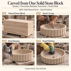 Sonata Travertino Romano Travertine Vessel Sink carved from one solid stone block, showing manual hammer-and-chisel carving, hand shaping and hand polishing; custom stone, size and finish.