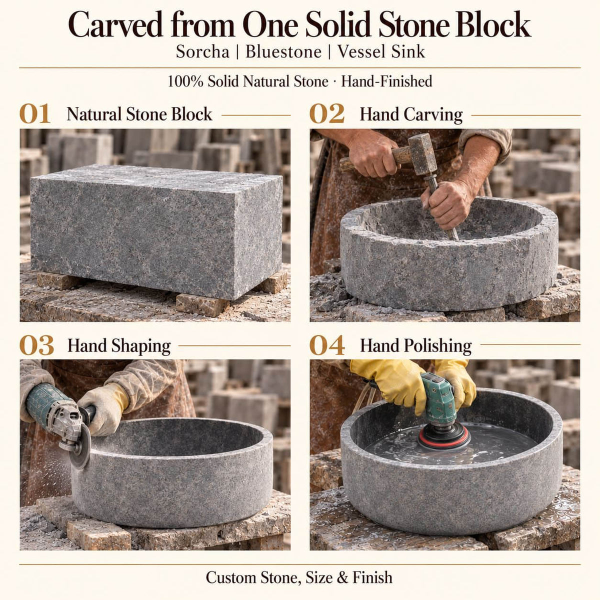 Sorcha Bluestone Vessel Sink carved from one solid stone block, showing manual hammer-and-chisel carving, hand shaping and hand polishing; custom stone, size and finish.