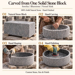 Sorcha Bluestone Vessel Sink carved from one solid stone block, showing manual hammer-and-chisel carving, hand shaping and hand polishing; custom stone, size and finish.