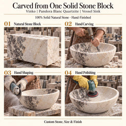 Vinko Pandora Blanc Quartzite Vessel Sink carved from one solid stone block, showing manual hammer-and-chisel carving, hand shaping and hand polishing; custom stone, size and finish.