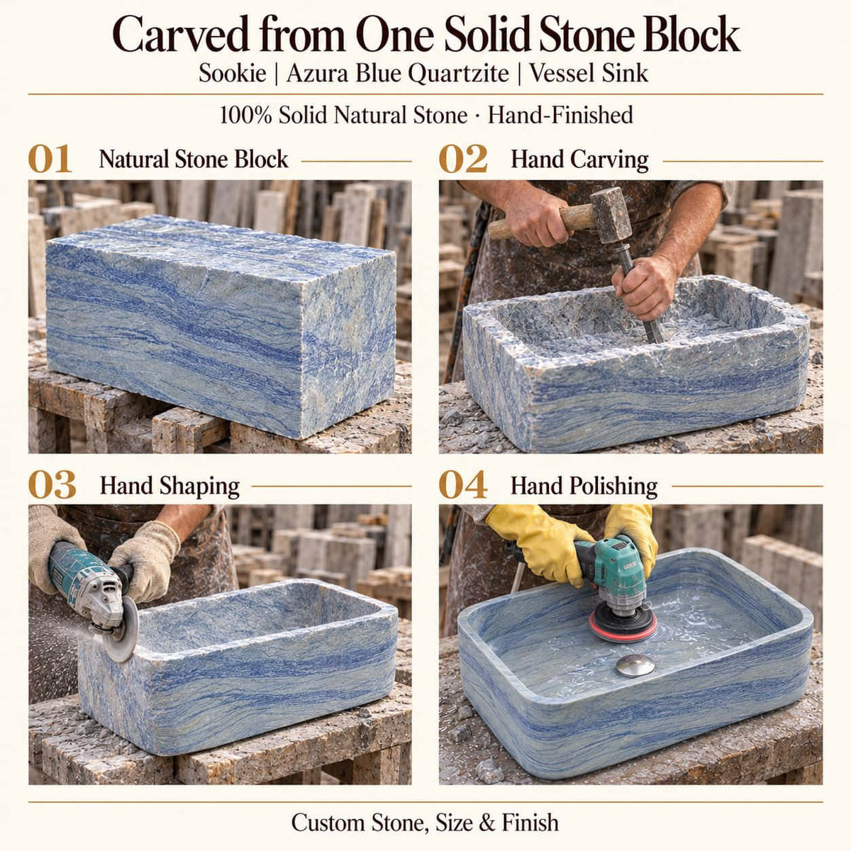 Sookie Azura Blue Quartzite Vessel Sink carved from one solid stone block, showing manual hammer-and-chisel carving, hand shaping and hand polishing; custom stone, size and finish.