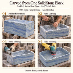 Sookie Azura Blue Quartzite Vessel Sink carved from one solid stone block, showing manual hammer-and-chisel carving, hand shaping and hand polishing; custom stone, size and finish.
