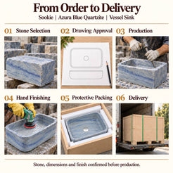 Sookie Azura Blue Quartzite Vessel Sink from order to delivery: material selection, drawing approval, production, hand finishing, protective foam packing in a plywood crate and delivery; specifications confirmed before production.