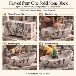 Spirit Pandora Blanc Quartzite Vessel Sink carved from one solid stone block, showing manual hammer-and-chisel carving, hand shaping and hand polishing; custom stone, size and finish.
