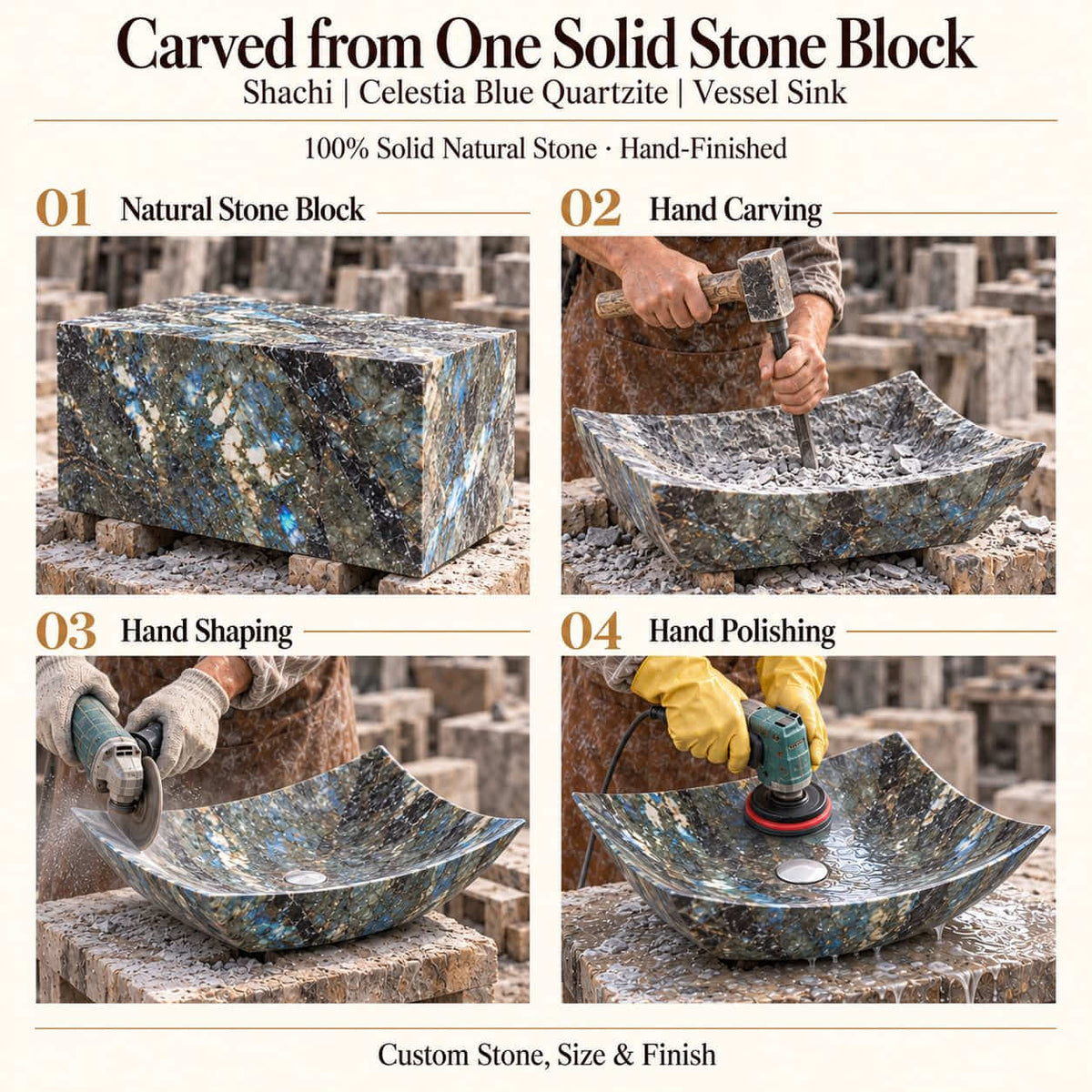 Shachi Celestia Blue Quartzite Vessel Sink carved from one solid stone block, showing manual hammer-and-chisel carving, hand shaping and hand polishing; custom stone, size and finish.