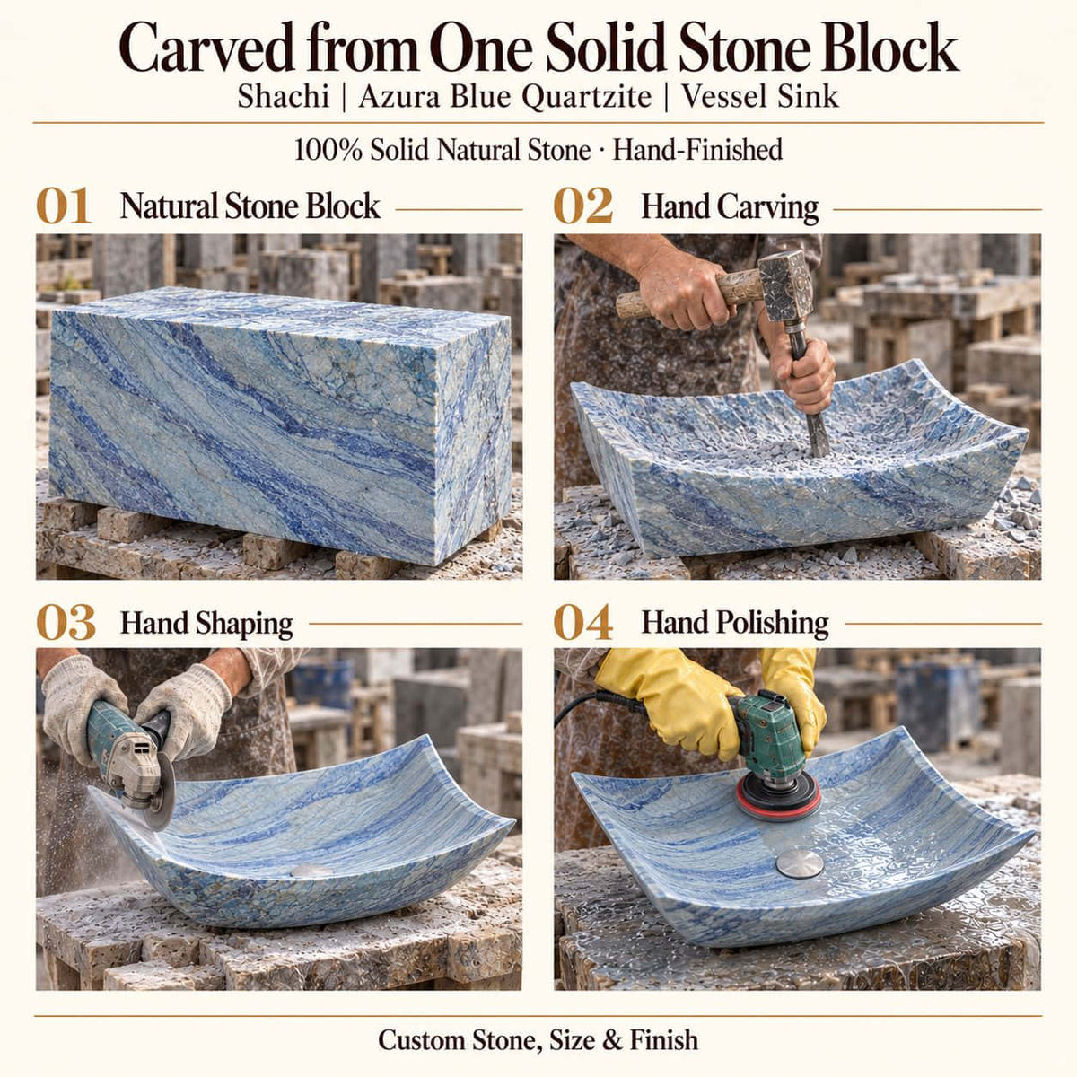 Shachi Azura Blue Quartzite Vessel Sink carved from one solid stone block, showing manual hammer-and-chisel carving, hand shaping and hand polishing; custom stone, size and finish.