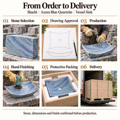 Shachi Azura Blue Quartzite Vessel Sink from order to delivery: material selection, drawing approval, production, hand finishing, protective foam packing in a plywood crate and delivery; specifications confirmed before production.