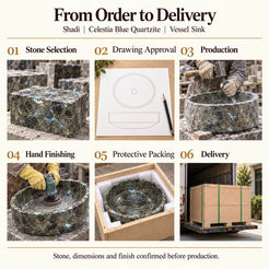 Shadi Celestia Blue Quartzite Vessel Sink from order to delivery: material selection, drawing approval, production, hand finishing, protective foam packing in a plywood crate and delivery; specifications confirmed before production.