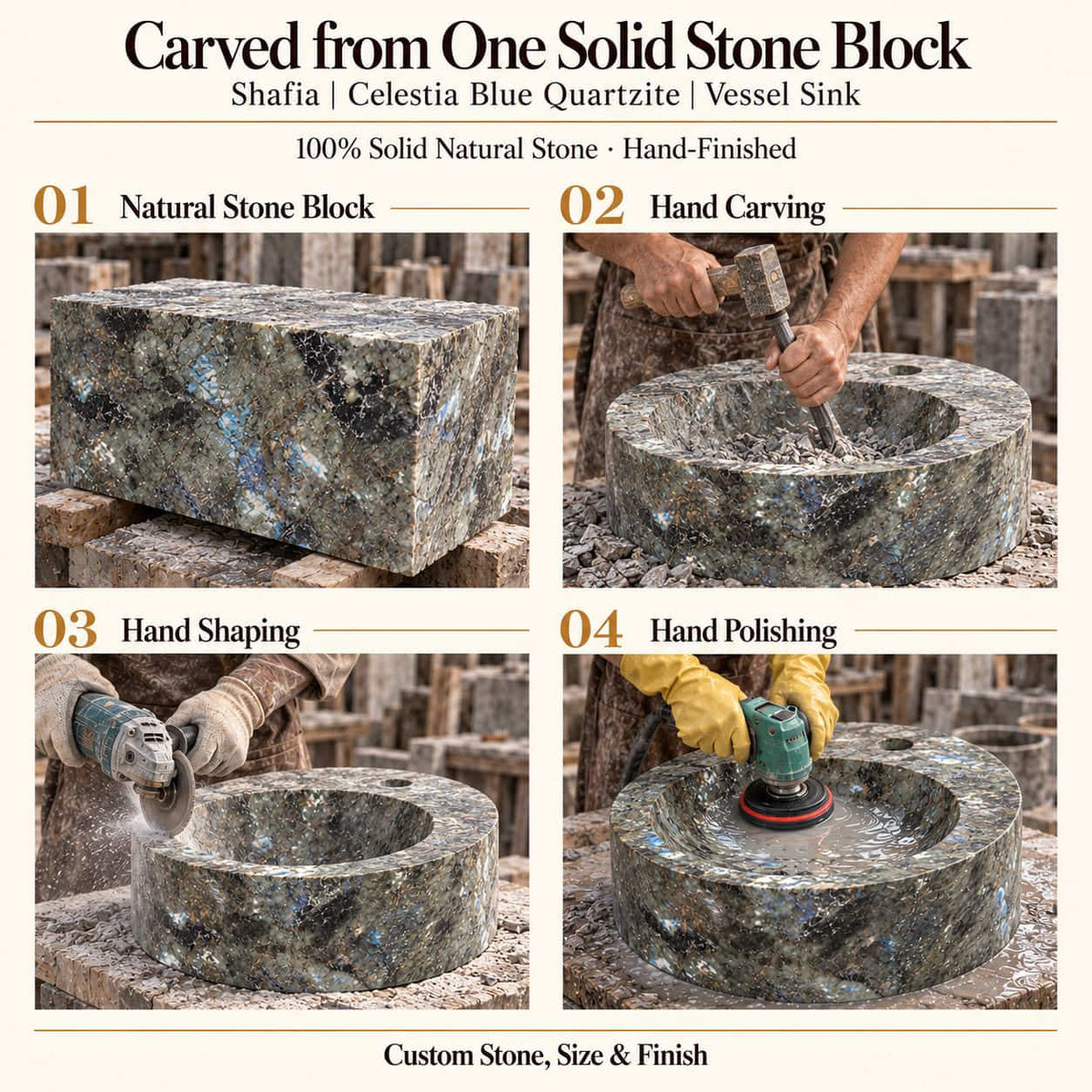 Shafia Celestia Blue Quartzite Vessel Sink carved from one solid stone block, showing manual hammer-and-chisel carving, hand shaping and hand polishing; custom stone, size and finish.