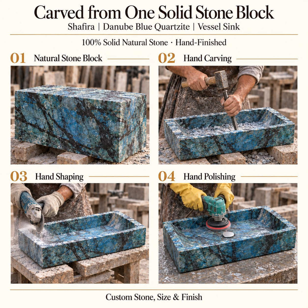 Shafira Danube Blue Quartzite Vessel Sink carved from one solid stone block, showing manual hammer-and-chisel carving, hand shaping and hand polishing; custom stone, size and finish.