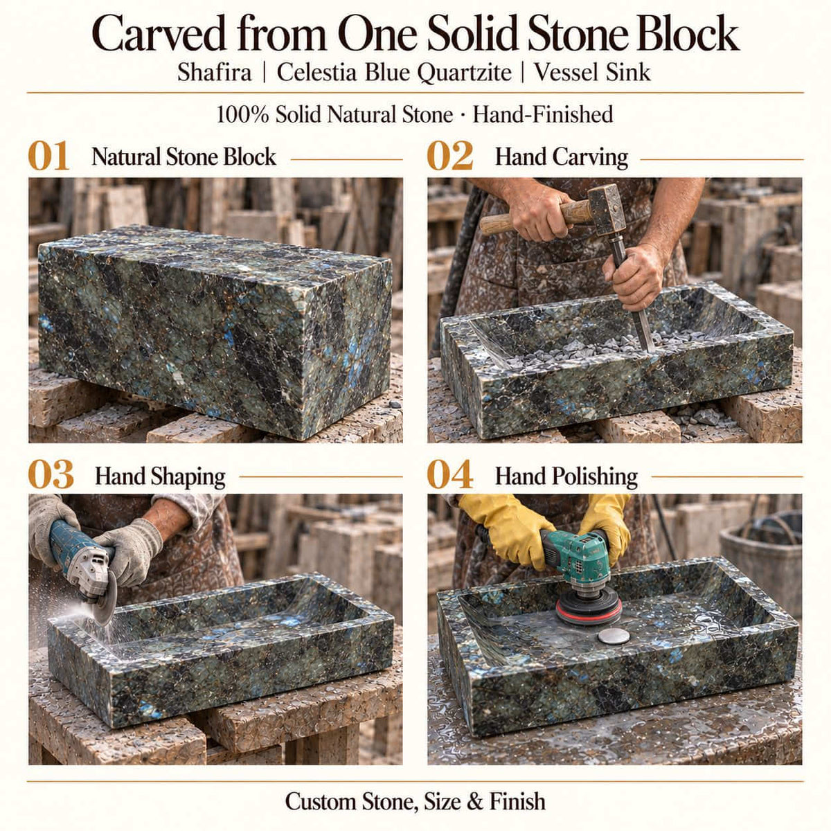 Shafira Celestia Blue Quartzite Vessel Sink carved from one solid stone block, showing manual hammer-and-chisel carving, hand shaping and hand polishing; custom stone, size and finish.