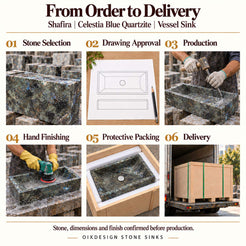 Shafira Celestia Blue Quartzite Vessel Sink from order to delivery: material selection, drawing approval, production, hand finishing, protective foam packing in a plywood crate and delivery; specifications confirmed before production.