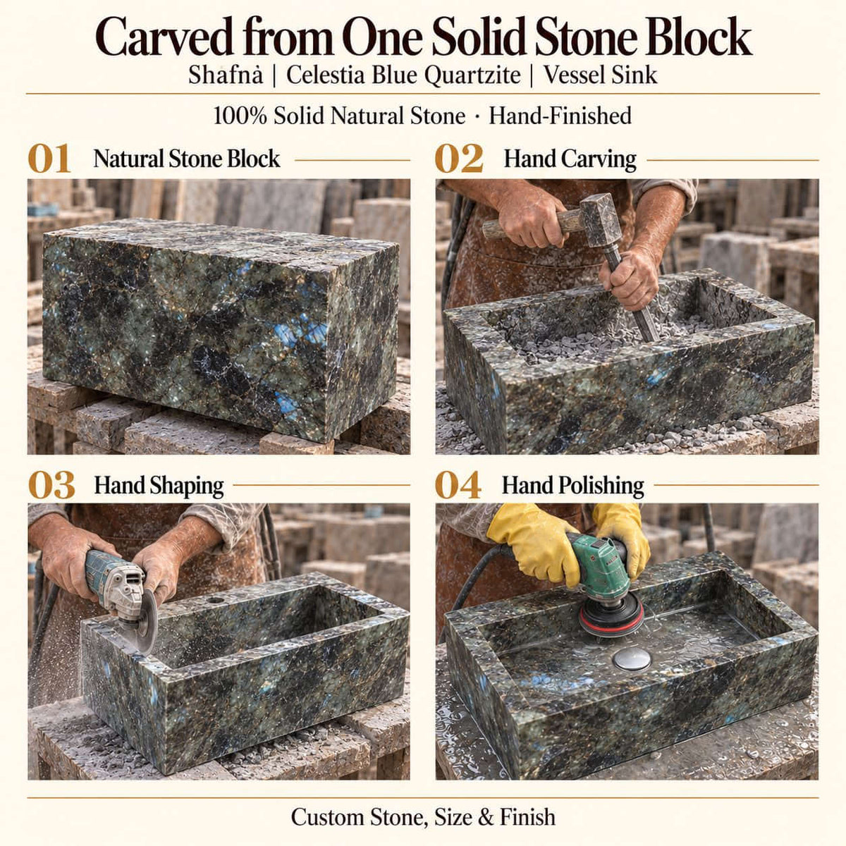 Shafna Celestia Blue Quartzite Vessel Sink carved from one solid stone block, showing manual hammer-and-chisel carving, hand shaping and hand polishing; custom stone, size and finish.