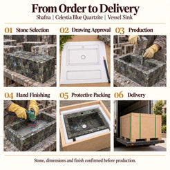 Shafna Celestia Blue Quartzite Vessel Sink from order to delivery: material selection, drawing approval, production, hand finishing, protective foam packing in a plywood crate and delivery; specifications confirmed before production.