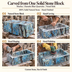 Shafna Danube Blue Quartzite Vessel Sink carved from one solid stone block, showing manual hammer-and-chisel carving, hand shaping and hand polishing; custom stone, size and finish.
