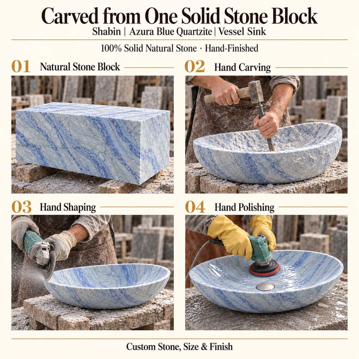 Shabin Azura Blue Quartzite Vessel Sink carved from one solid stone block, showing manual hammer-and-chisel carving, hand shaping and hand polishing; custom stone, size and finish.