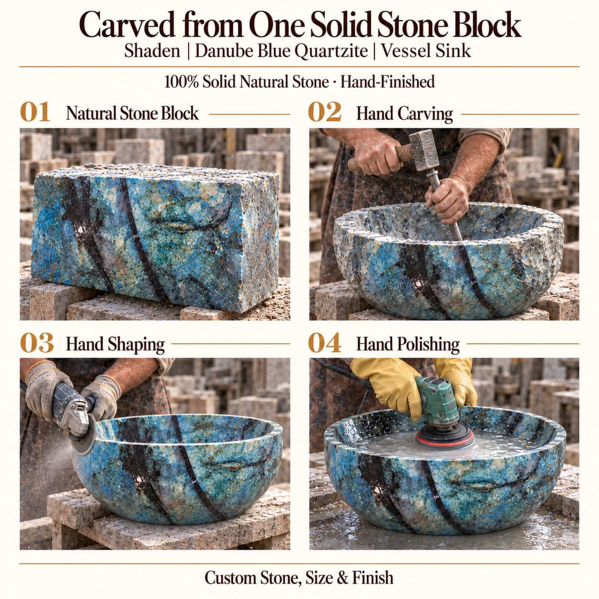 Shaden Danube Blue Quartzite Vessel Sink carved from one solid stone block, showing manual hammer-and-chisel carving, hand shaping and hand polishing; custom stone, size and finish.