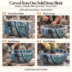 Shaden Danube Blue Quartzite Vessel Sink carved from one solid stone block, showing manual hammer-and-chisel carving, hand shaping and hand polishing; custom stone, size and finish.
