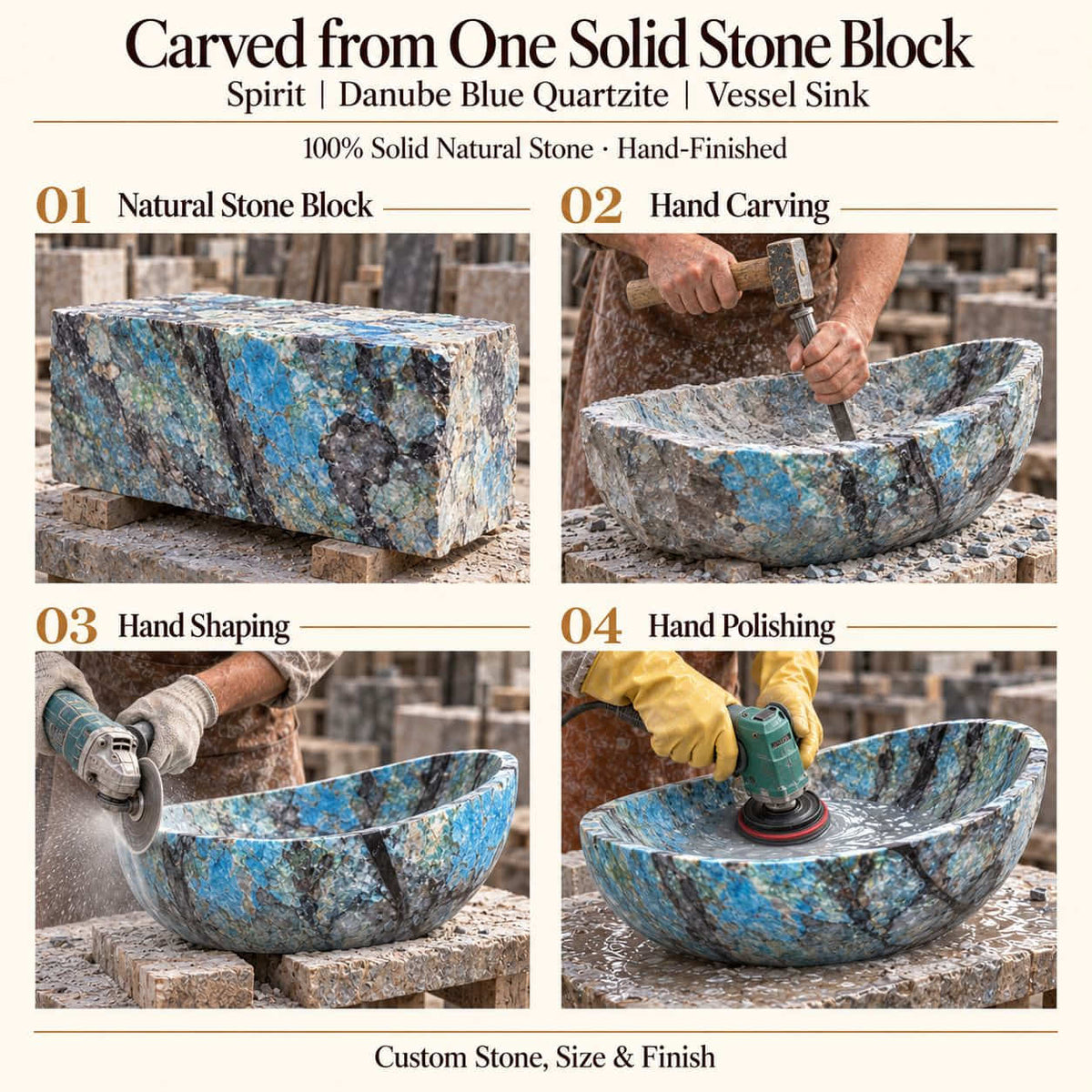 Spirit Danube Blue Quartzite Vessel Sink carved from one solid stone block, showing manual hammer-and-chisel carving, hand shaping and hand polishing; custom stone, size and finish.