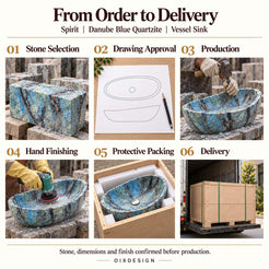 Spirit Danube Blue Quartzite Vessel Sink from order to delivery: material selection, drawing approval, production, hand finishing, protective foam packing in a plywood crate and delivery; specifications confirmed before production.
