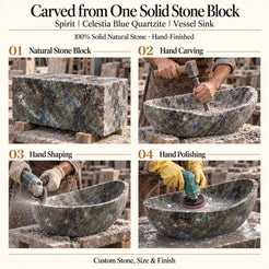 Spirit Celestia Blue Quartzite Vessel Sink carved from one solid stone block, showing manual hammer-and-chisel carving, hand shaping and hand polishing; custom stone, size and finish.