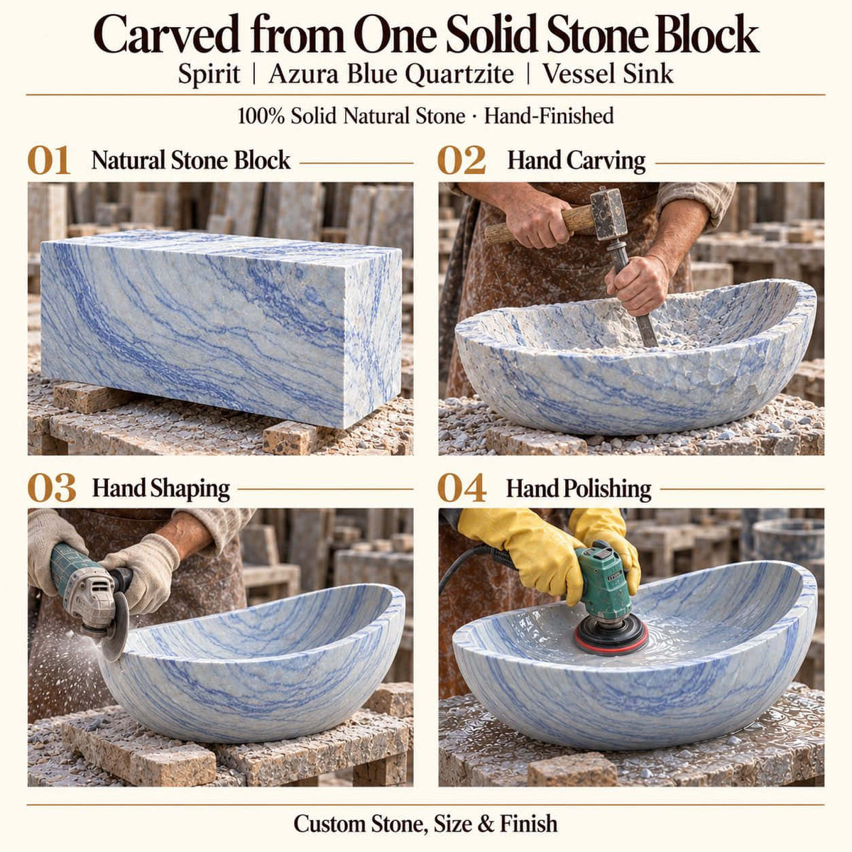 Spirit Azura Blue Quartzite Vessel Sink carved from one solid stone block, showing manual hammer-and-chisel carving, hand shaping and hand polishing; custom stone, size and finish.