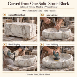 Sabino Terista Marble Vessel Sink carved from one solid stone block, showing manual hammer-and-chisel carving, hand shaping and hand polishing; custom stone, size and finish.