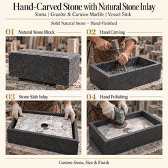 Simta rectangular Granite and Carnico Marble vessel sink: black natural stone core hollowed by hand, a separate contrasting natural stone slab inlaid into the basin floor, then hand-polished; custom stone, size and finish.