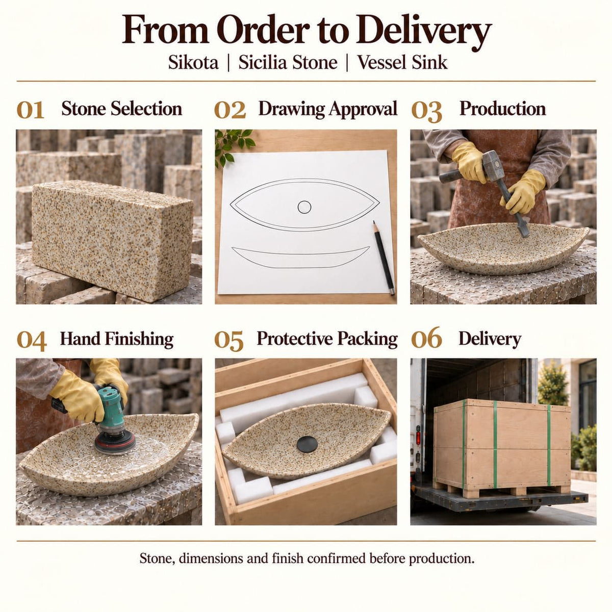 Sikota Sicilia Stone Vessel Sink from order to delivery: material selection, drawing approval, production, hand finishing, protective foam packing in a plywood crate and delivery; specifications confirmed before production.
