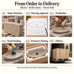 Sikota Sicilia Stone Vessel Sink from order to delivery: material selection, drawing approval, production, hand finishing, protective foam packing in a plywood crate and delivery; specifications confirmed before production.