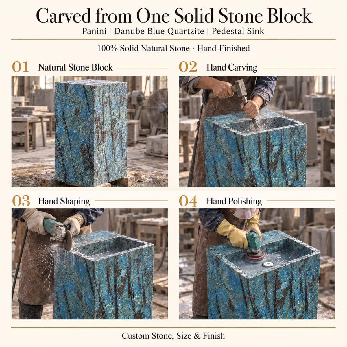 Panini Danube Blue Quartzite Pedestal Sink carved from one solid stone block, showing a continuous rectangular pedestal, broad rear deck and recessed basin through manual hammer-and-chisel carving, hand shaping and hand polishing; custom stone, size and finish.