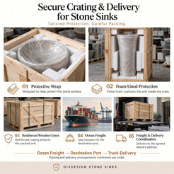 Secure crating and delivery for stone pedestal sinks: protective wrap, foam-lined protection, reinforced crating, ocean freight and truck delivery. Packing and delivery arrangements confirmed per order.