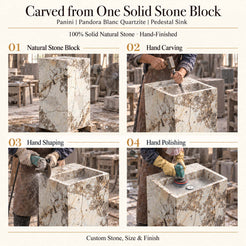 Panini Pandora Blanc Quartzite Pedestal Sink — carved from one solid Pandora Blanc Quartzite block, hand carving, shaping and polishing of the continuous pedestal sink