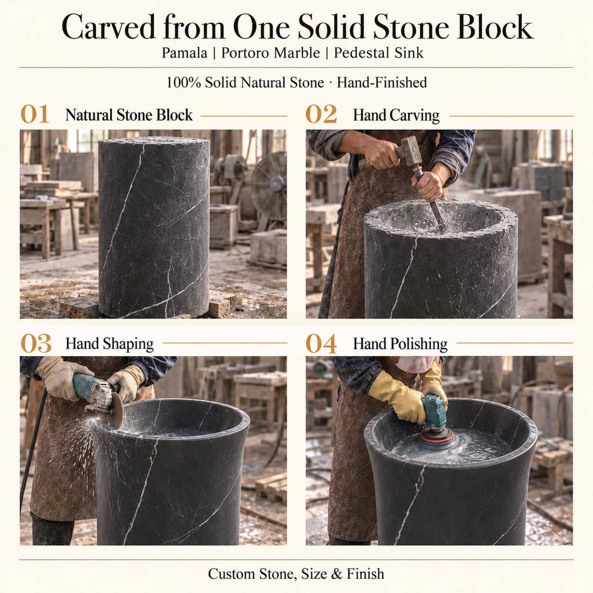 Pamala Portoro Marble Pedestal Sink — carved from one solid stone block with hand carving, shaping and polishing of the continuous pedestal sink