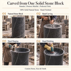 Pamala Portoro Marble Pedestal Sink — carved from one solid stone block with hand carving, shaping and polishing of the continuous pedestal sink