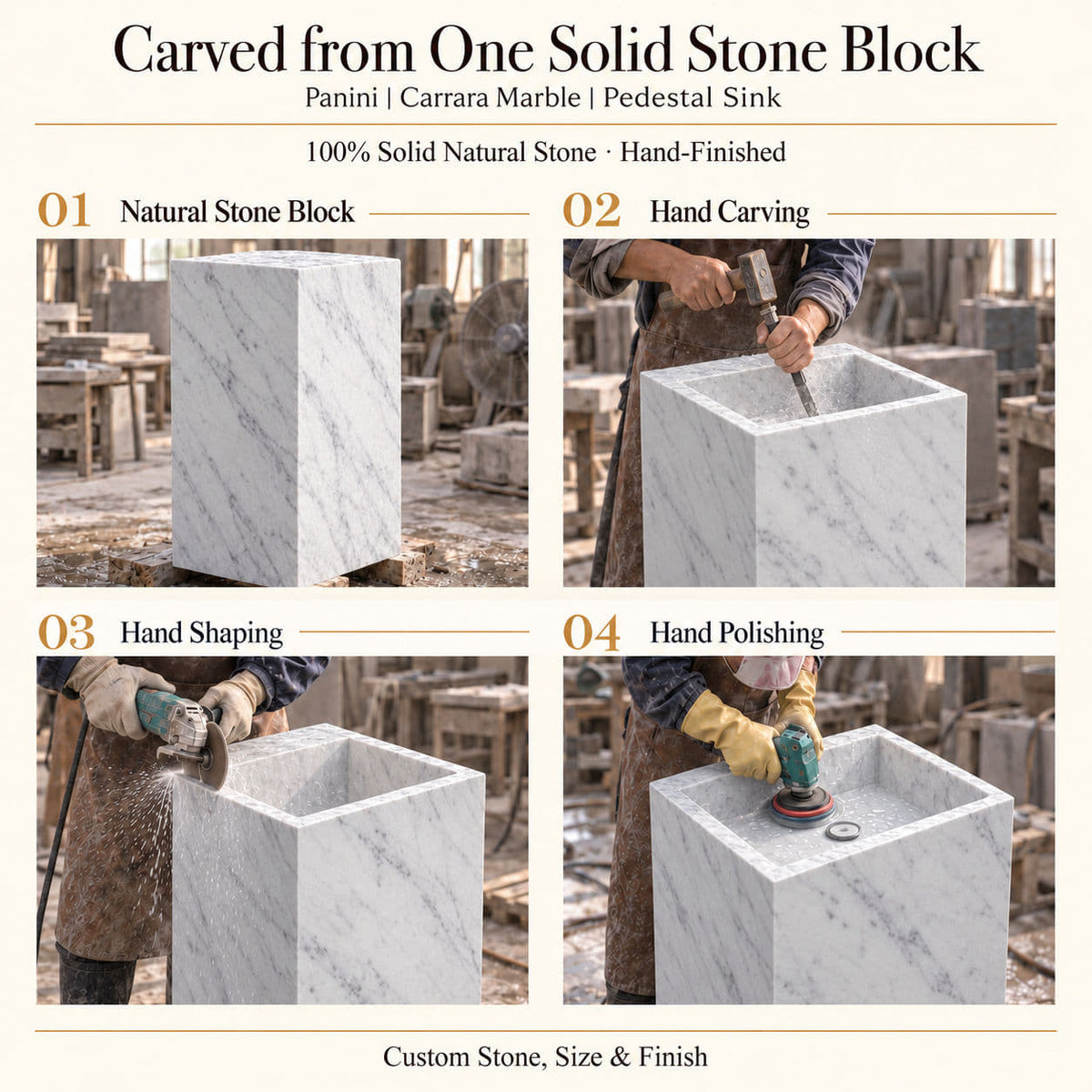 Panini Carrara Marble Pedestal Sink — carved from one solid stone block, manual hand carving, shaping and polishing of the continuous pedestal sink
