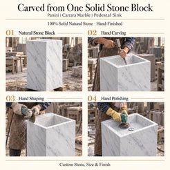 Panini Carrara Marble Pedestal Sink — carved from one solid stone block, manual hand carving, shaping and polishing of the continuous pedestal sink