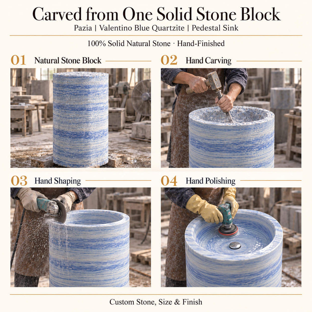 Pazia Valentino Blue Quartzite Pedestal Sink — carved from one solid Valentino Blue Quartzite block with hand carving, shaping and polishing of the cylindrical pedestal sink