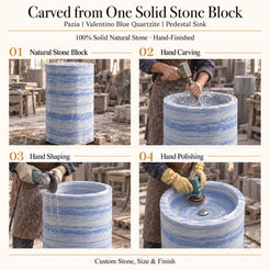 Pazia Valentino Blue Quartzite Pedestal Sink — carved from one solid Valentino Blue Quartzite block with hand carving, shaping and polishing of the cylindrical pedestal sink
